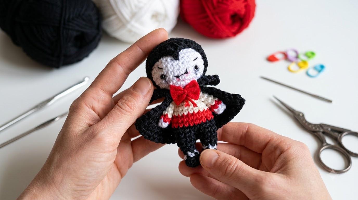 Vampiro amigurumi tejido a crochet en hilo negro y rojo con capa, ideal para decoración de Halloween