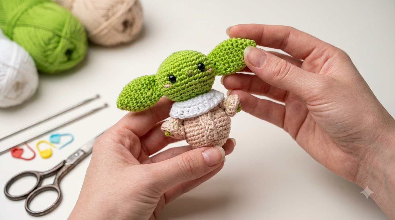 Bebé Yoda amigurumi llavero en color verde y crema tejido a crochet para colgar en llaves o mochila
