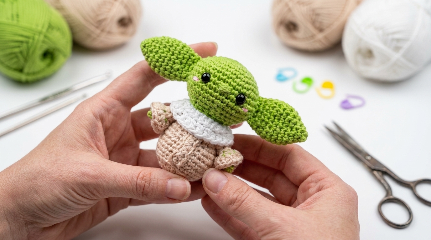 Bebé Yoda amigurumi llavero en color verde y crema tejido a crochet para colgar en llaves o mochila