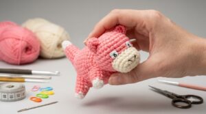Slowpoke Pokemon amigurumi llavero tejido en lana rosa y hocico beige, accesorio para colgar en llaves y mochilas